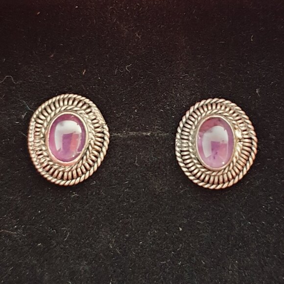 Vintage Natural Amethyst Cabochon 925 Silver Stud Earrings – Handcrafted - Picture 5 of 14